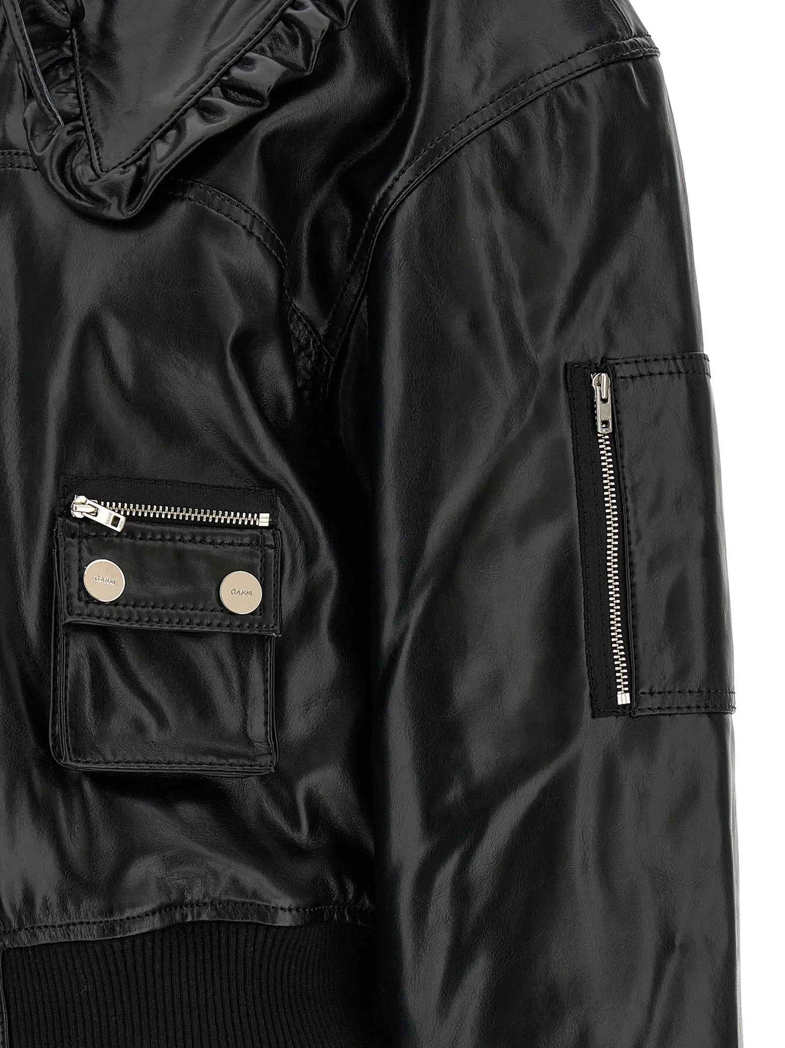 Ganni Black Leather Bomber - 36