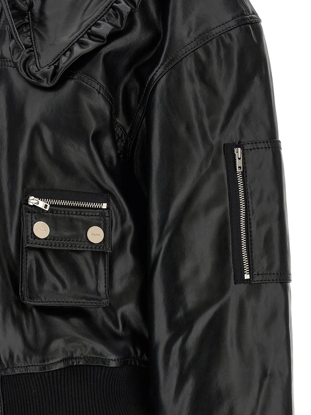 Ganni Black Leather Bomber - 36