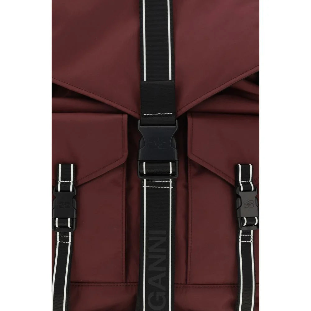 Rear view of the Ganni tech backpack in Bordeaux, highlighting the padded back panel and ergonomic strap design.