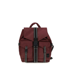 Ganni Bordeaux recycled polyamide backpack featuring a front buckle closure and signature logo patch in deep burgundy.