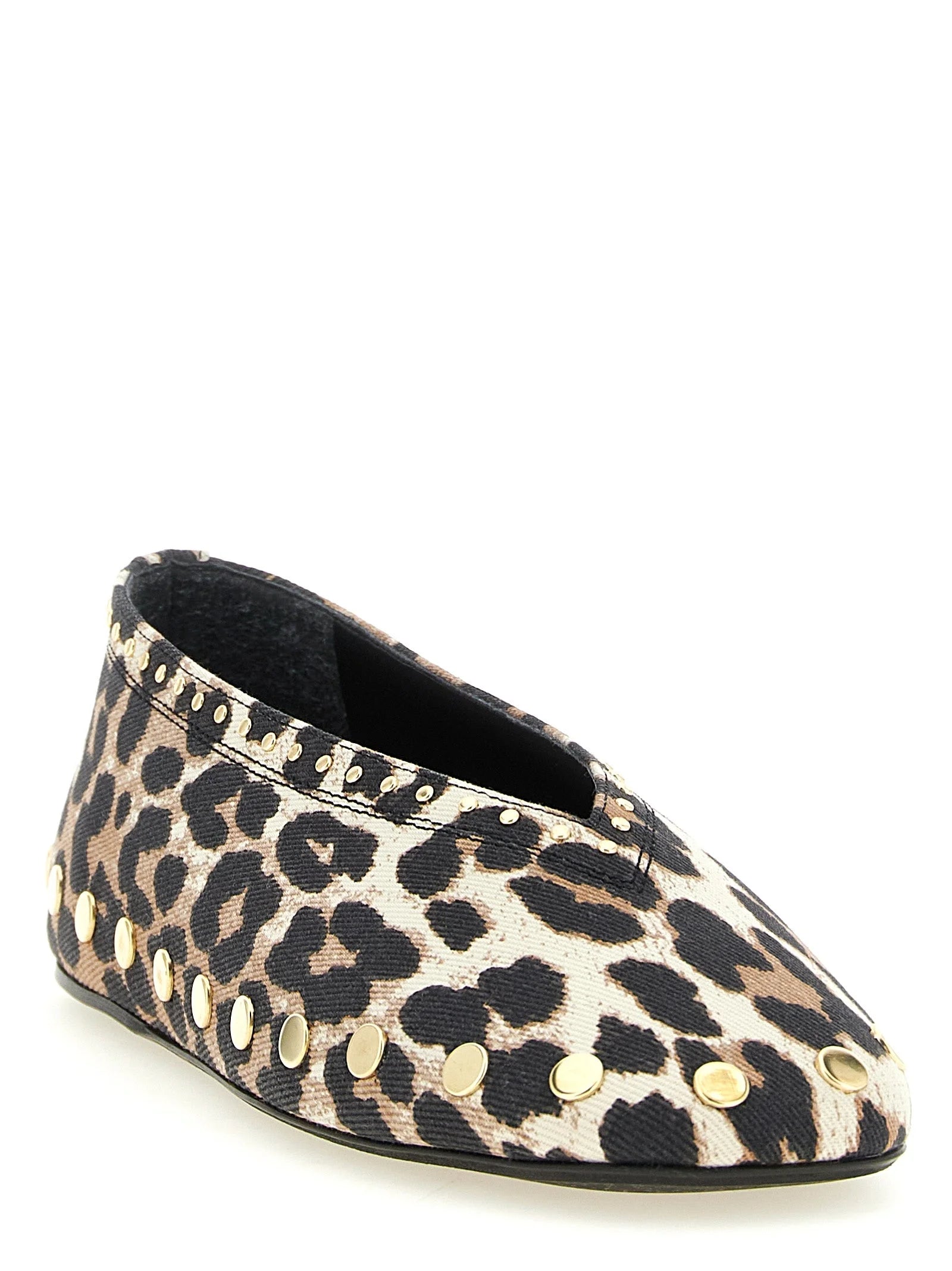 Side profile of Ganni printed cotton flats showing the slim sole and elegant low-cut profile for women.