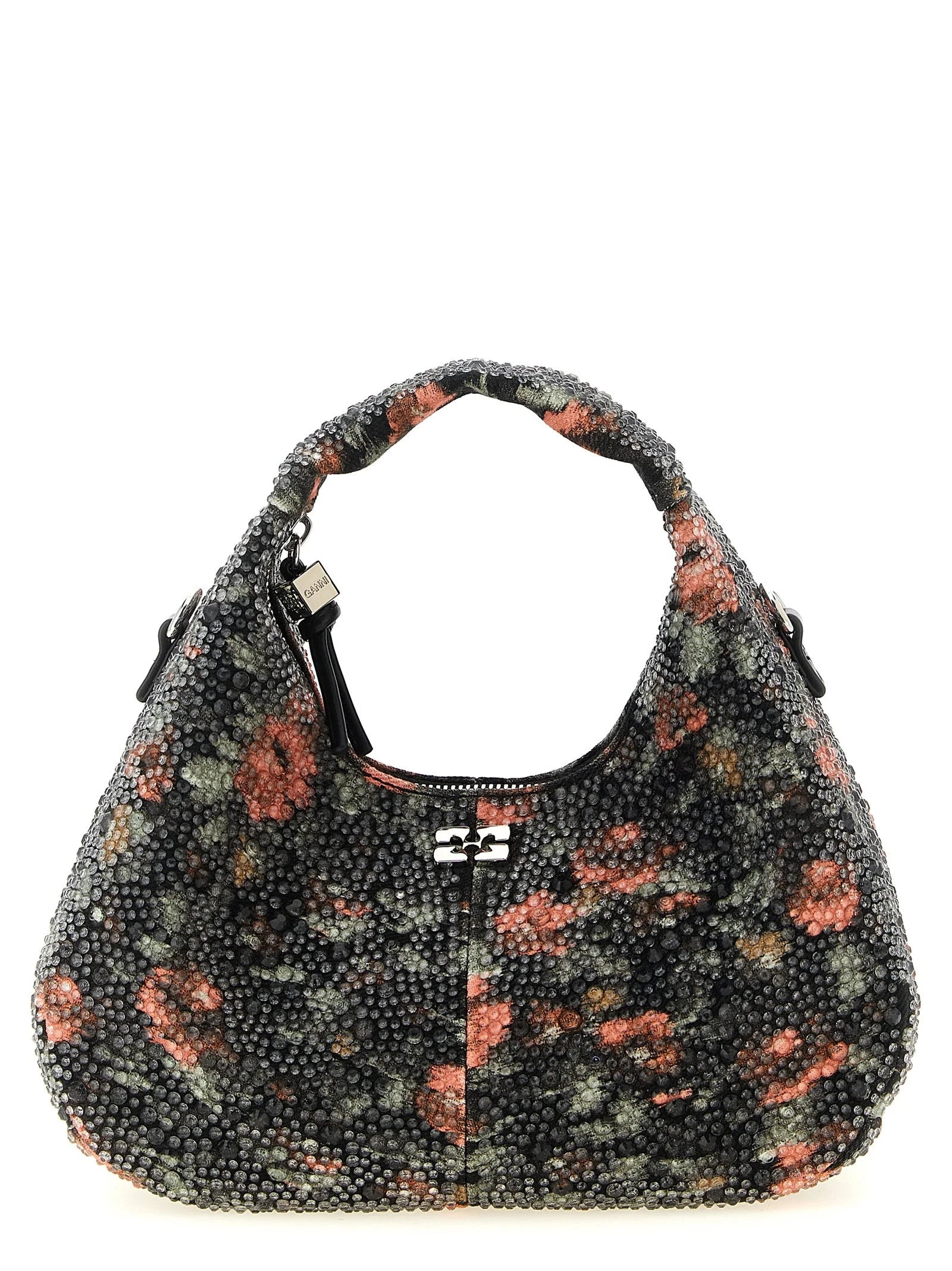 Ganni multicolor cotton handbag featuring a vibrant striped pattern and structured top handles for a refined silhouette.