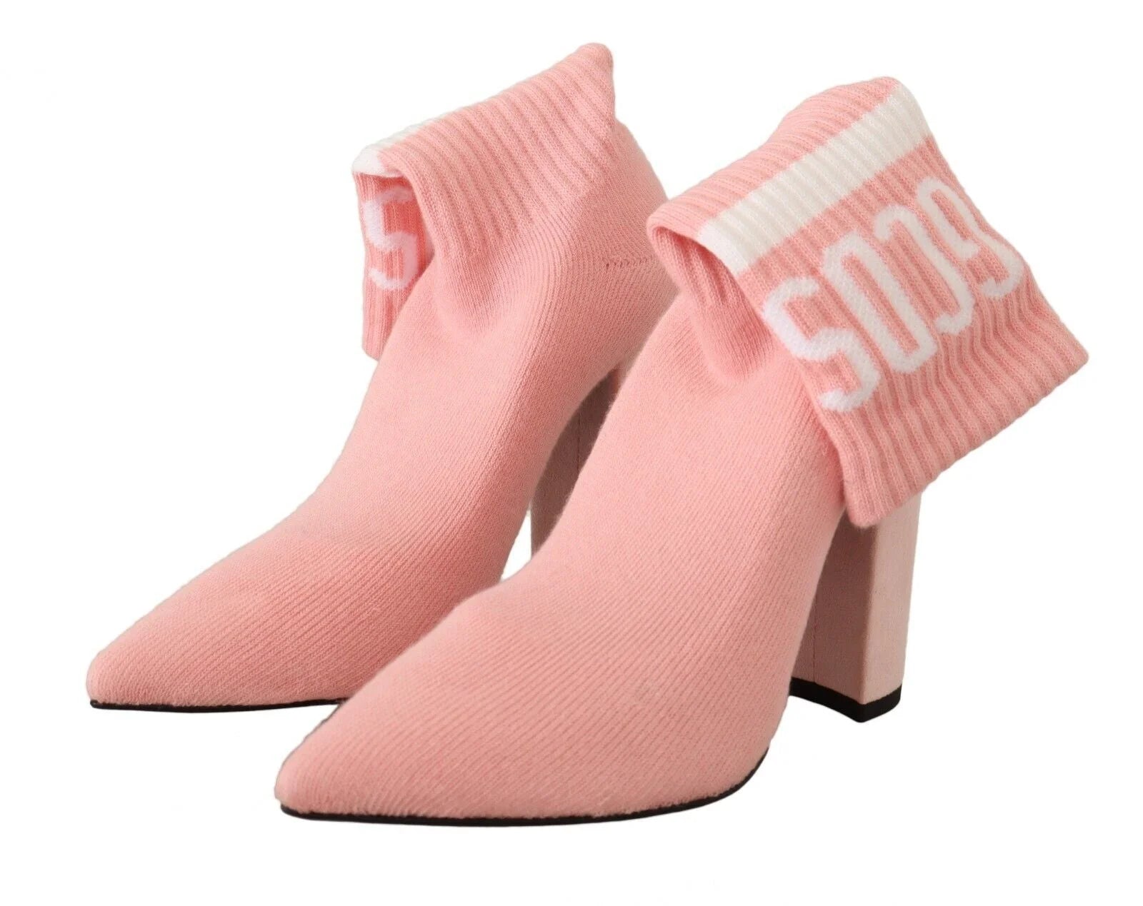 GCDS Pink Suede Logo Socks Block Heel Ankle Boots Shoes - Boots