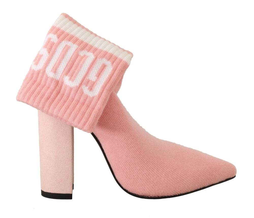 GCDS Pink Suede Logo Socks Block Heel Ankle Boots Shoes - Boots