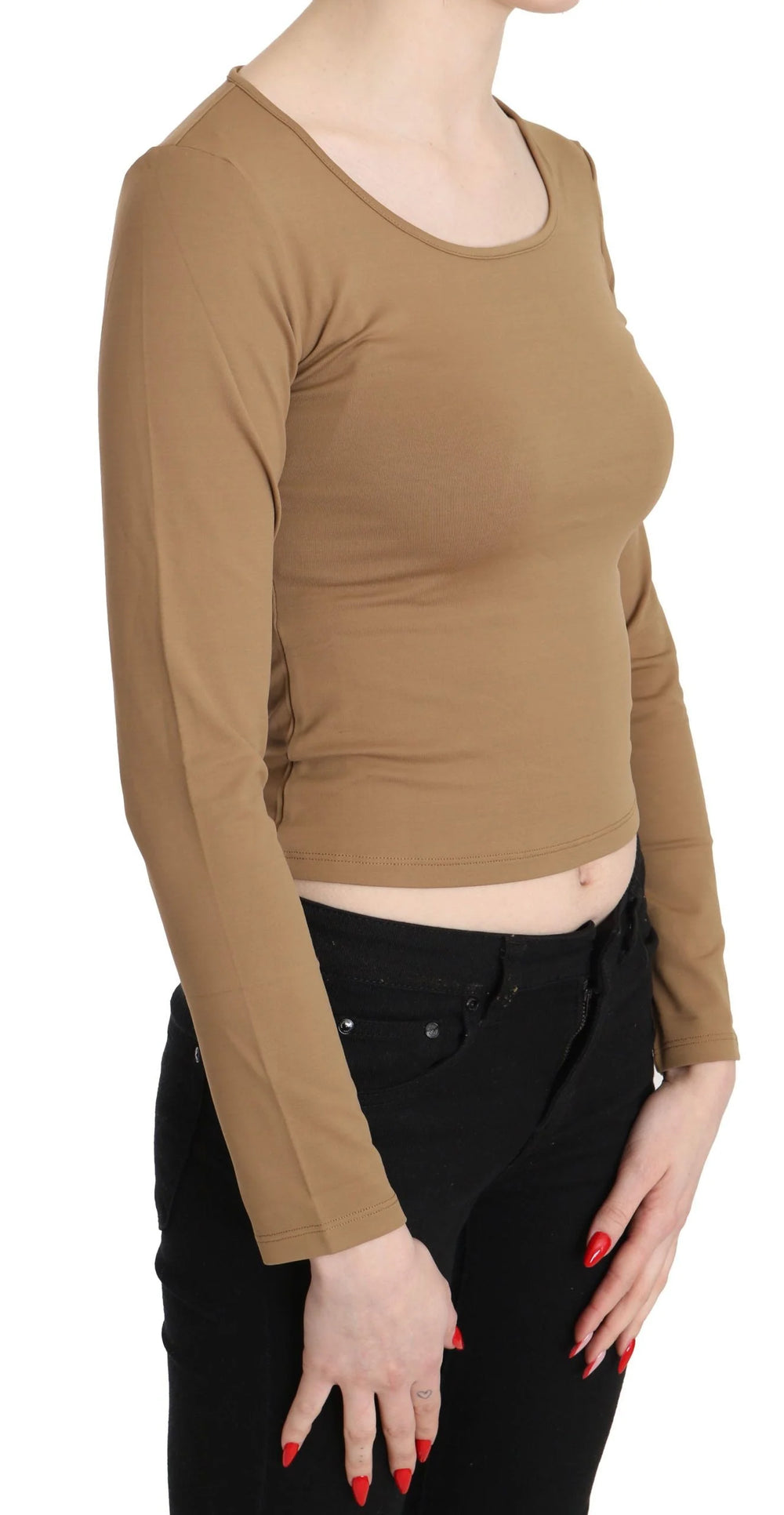 GF Ferre Brown Round Neck Long Sleeve Slim Crop Top Blouse - IT40|S - Blouses