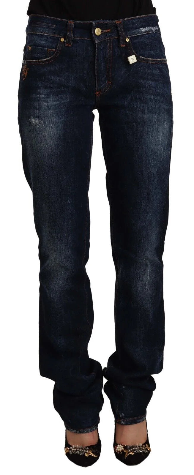 GF Ferre Dark Blue Washed Mid Waist Cotton Denim Straight Jeans - W26 | IT40 - Jeans