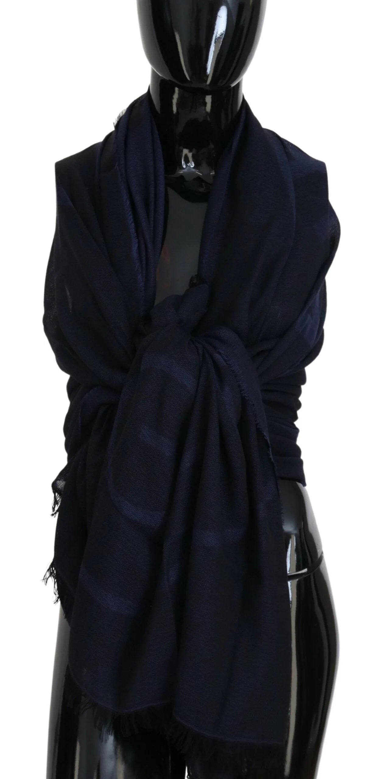 GF Ferre Dark Blue Wool Neck Wrap Shawl Fringes Scarf - Scarves & Shawls