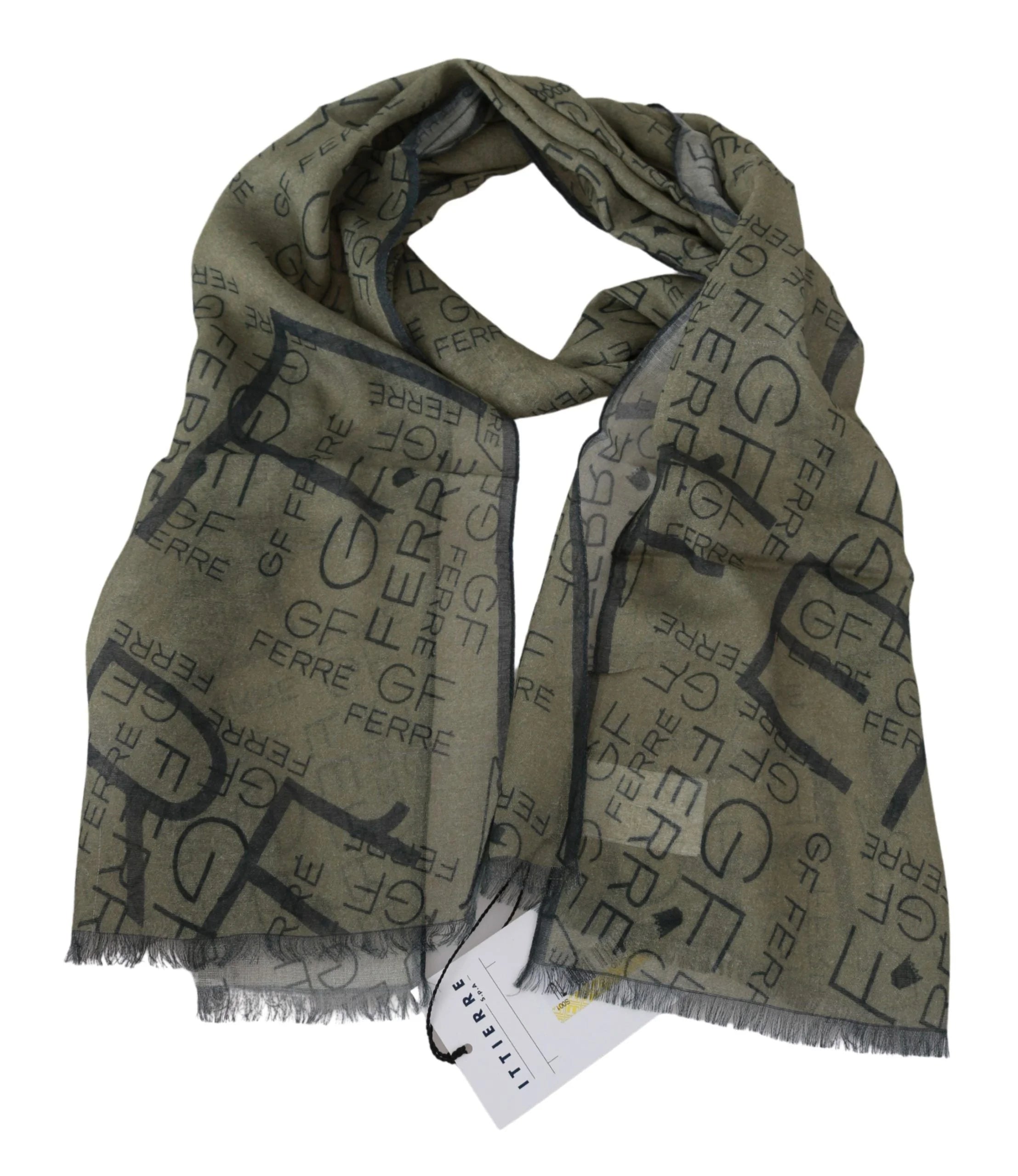 GF Ferre Green Wool Viscose Foulard Patterned Branded Scarf - Scarves & Shawls