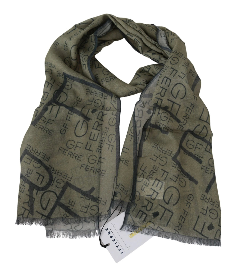 GF Ferre Green Wool Viscose Foulard Patterned Branded Scarf - Scarves & Shawls