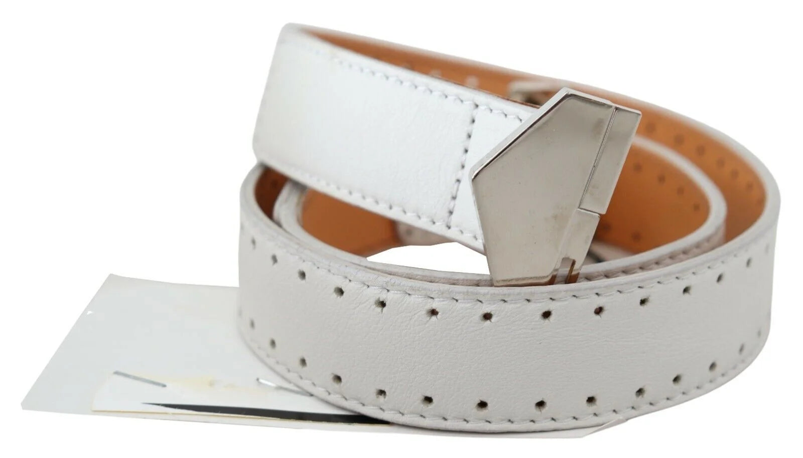 GF Ferre White Leather Hexagon Logo Buckle Waist Belt - 85 cm / 34 Inches - Belts