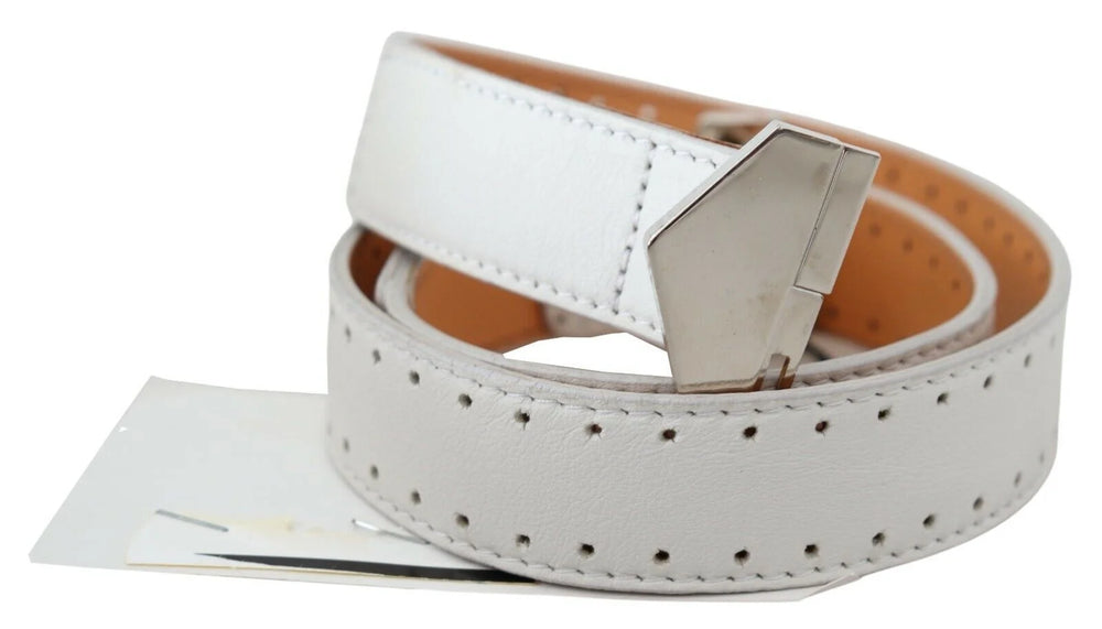 GF Ferre White Leather Hexagon Logo Buckle Waist Belt - 85 cm / 34 Inches - Belts