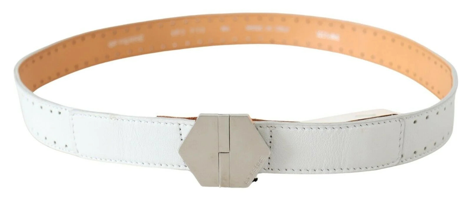 GF Ferre White Leather Hexagon Logo Buckle Waist Belt - 85 cm / 34 Inches - Belts