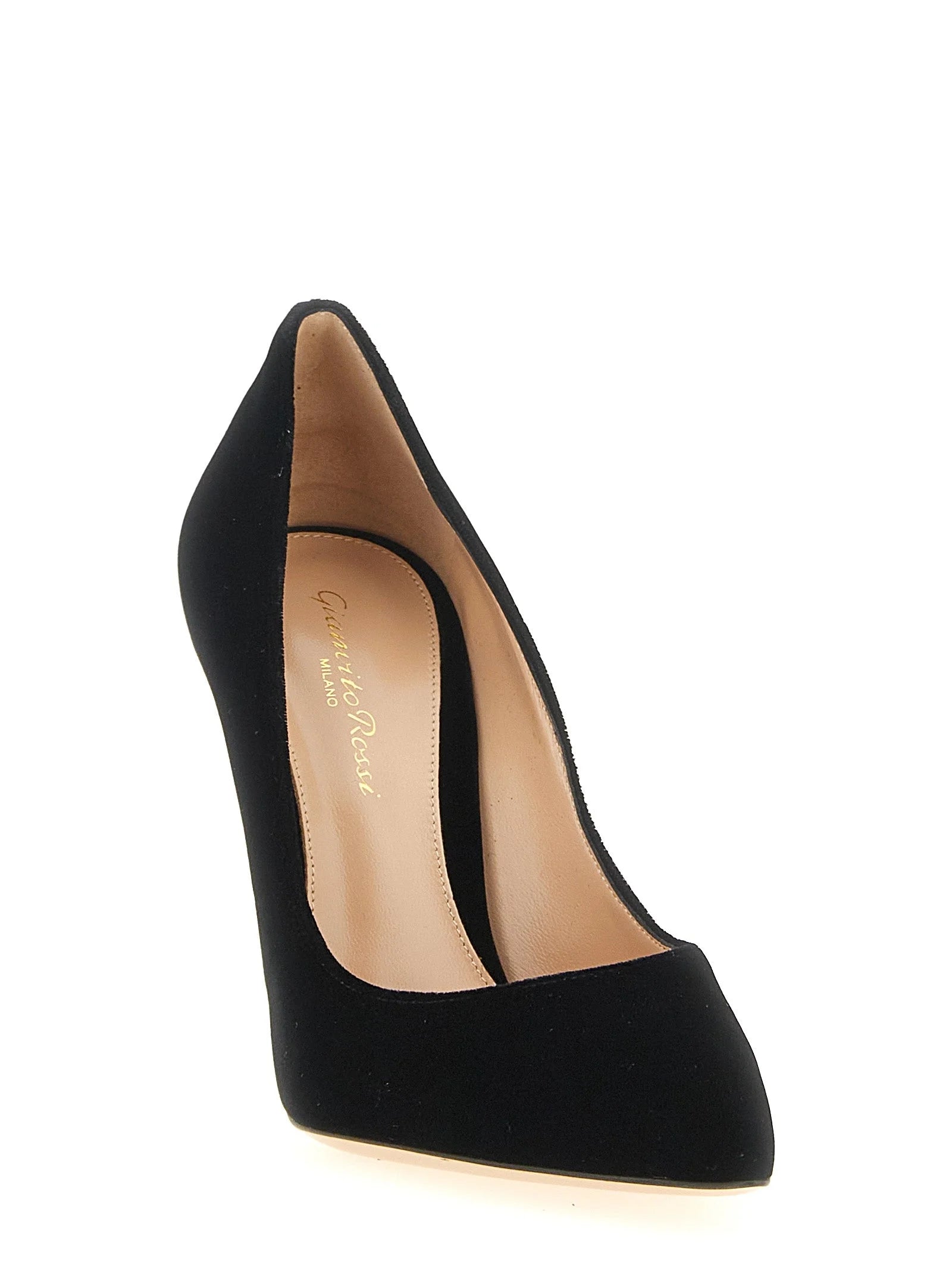 Gianvito Rossin mustien kangaskenkien sivukuva, jossa näkyy tarkka jalkaterän kaari ja kapea 10,5 cm:n korko.