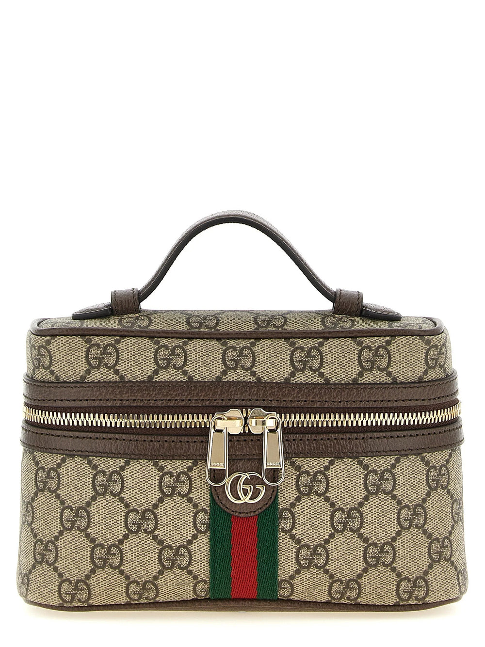 Front view of a Gucci beige polyethylene shoulder bag featuring a structured silhouette and minimalist luxury design.