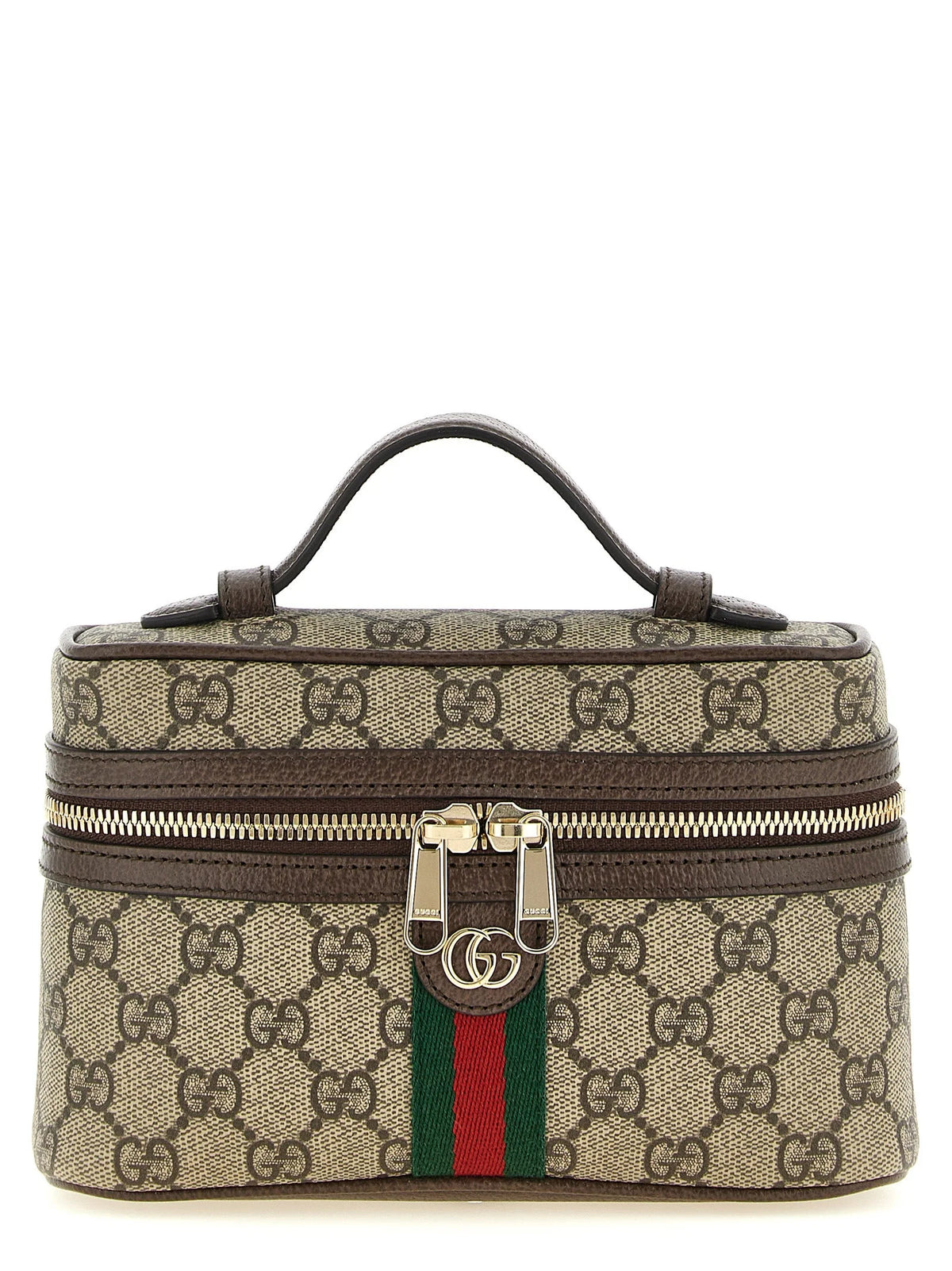 Front view of a Gucci beige polyethylene shoulder bag featuring a structured silhouette and minimalist luxury design.