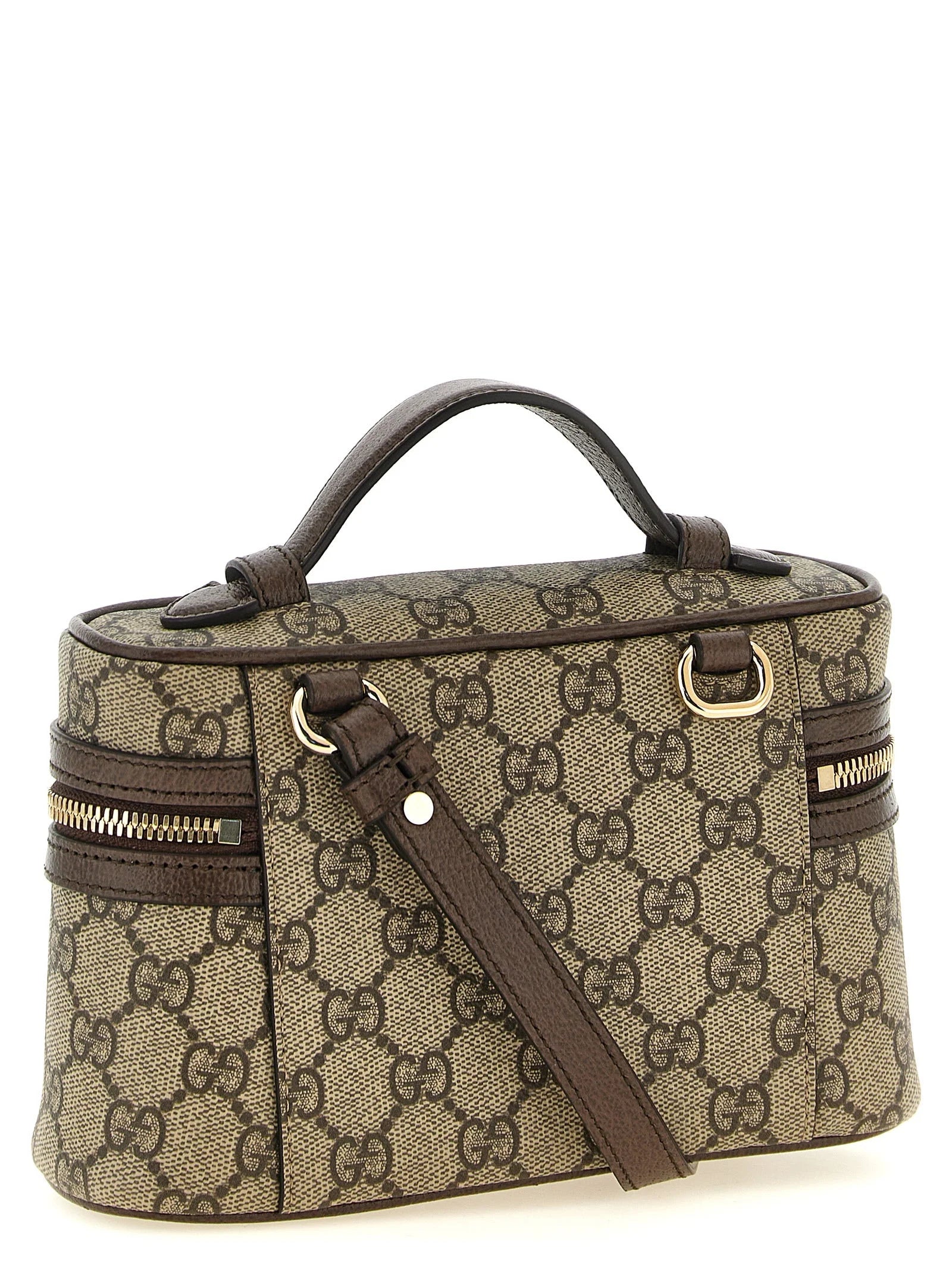 Side profile of the Gucci beige shoulder bag highlighting its sleek polyethylene construction and refined proportions.