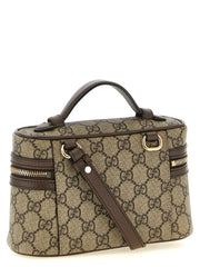 Side profile of the Gucci beige shoulder bag highlighting its sleek polyethylene construction and refined proportions.
