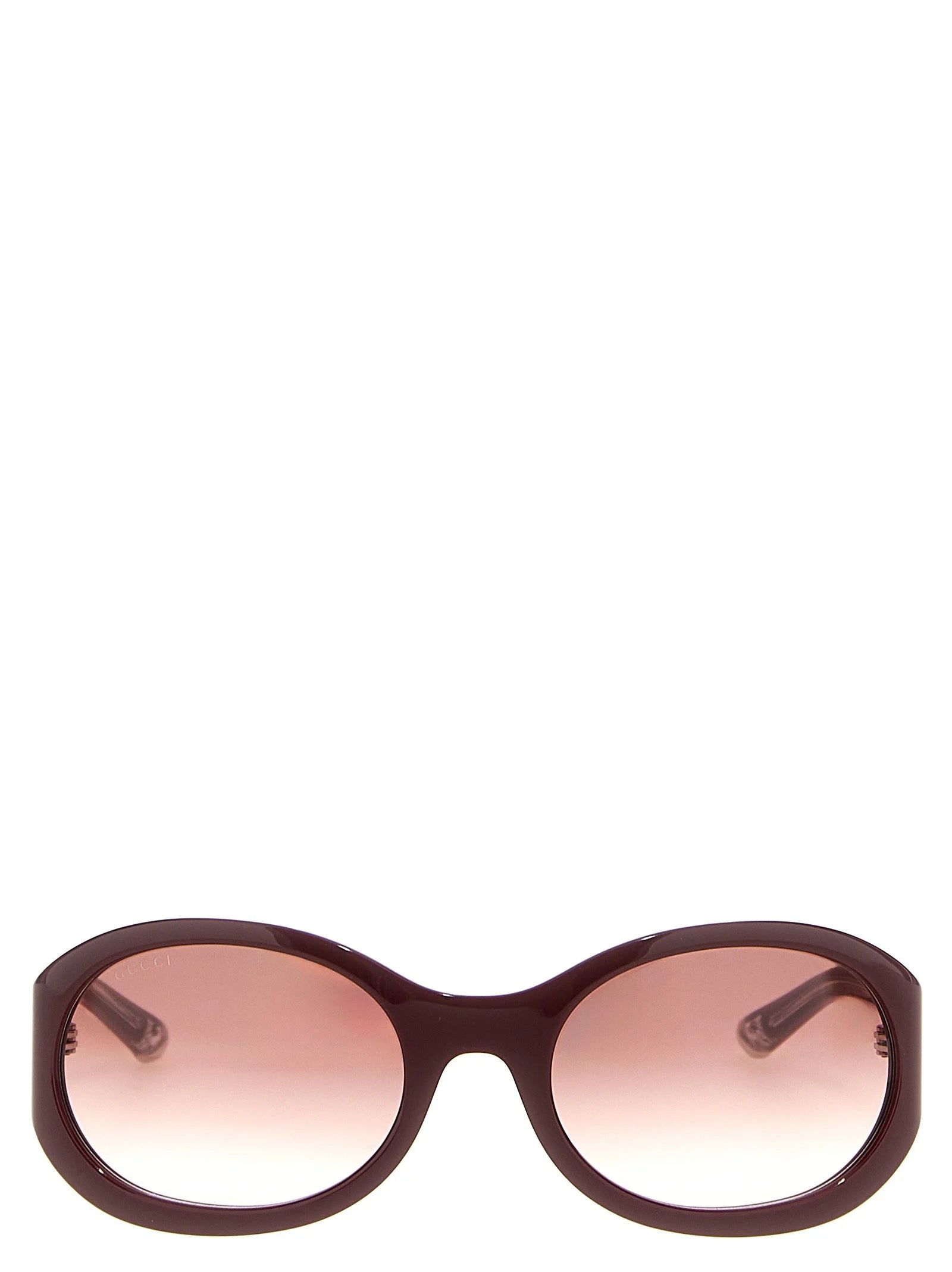 Front view of Gucci women's sunglasses in deep bordeaux acetate with dark tinted lenses and a refined rectangular frame.