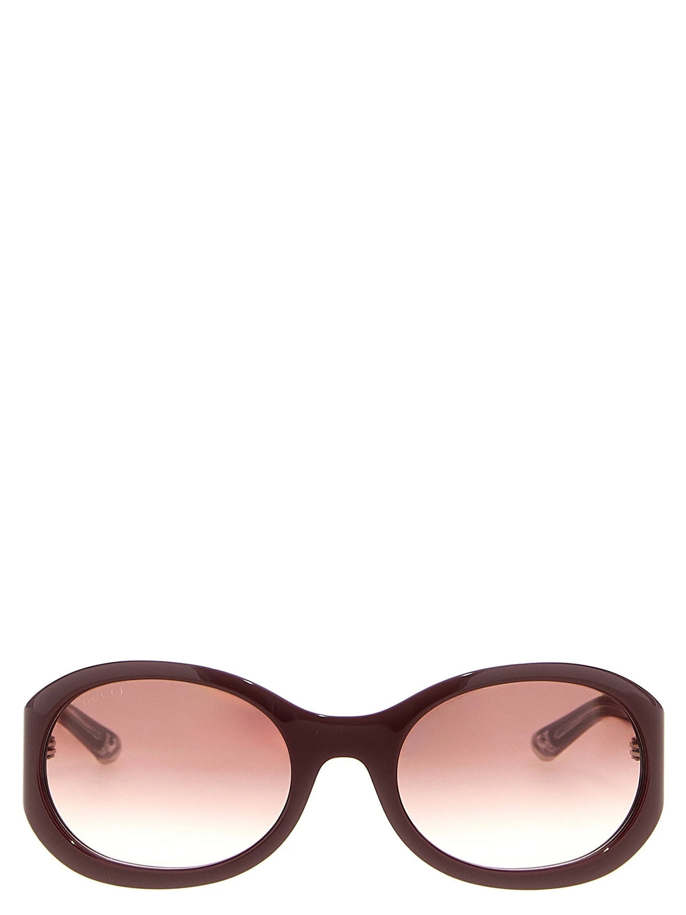 Front view of Gucci women's sunglasses in deep bordeaux acetate with dark tinted lenses and a refined rectangular frame.