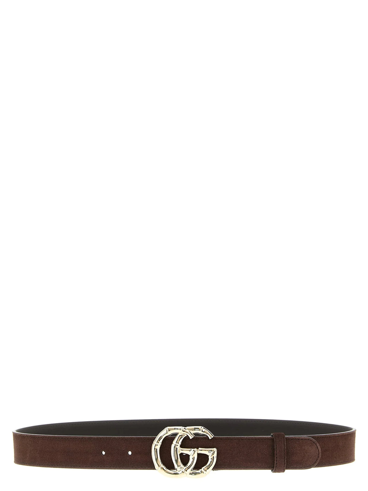 Front view of a Gucci brown calfskin leather belt featuring a polished gold-tone buckle and refined stitching.