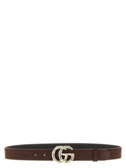 Front view of a Gucci brown calfskin leather belt featuring a polished gold-tone buckle and refined stitching.