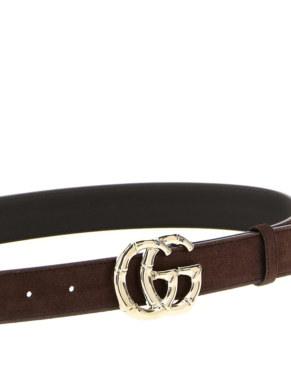 Close-up detail of the Gucci calfskin belt highlighting the precise edge finishing and luxury Italian craftsmanship.