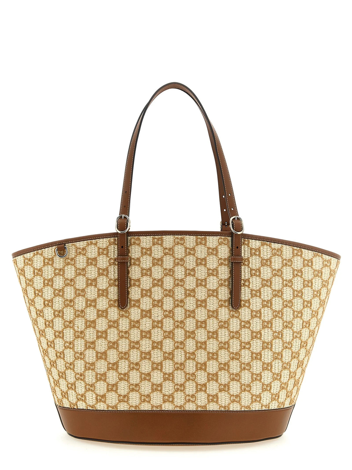 Front view of a Gucci brown cotton handbag featuring the iconic GG monogram pattern and structured leather trim.