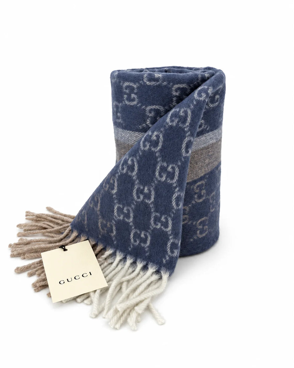 Gucci Monogram Blue Cashmere & Wool Scarf with Beige & Cream Fringe