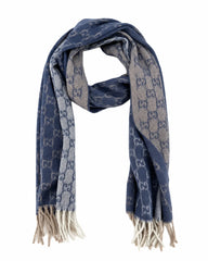 Gucci Monogram Blue Cashmere & Wool Scarf with Beige & Cream Fringe