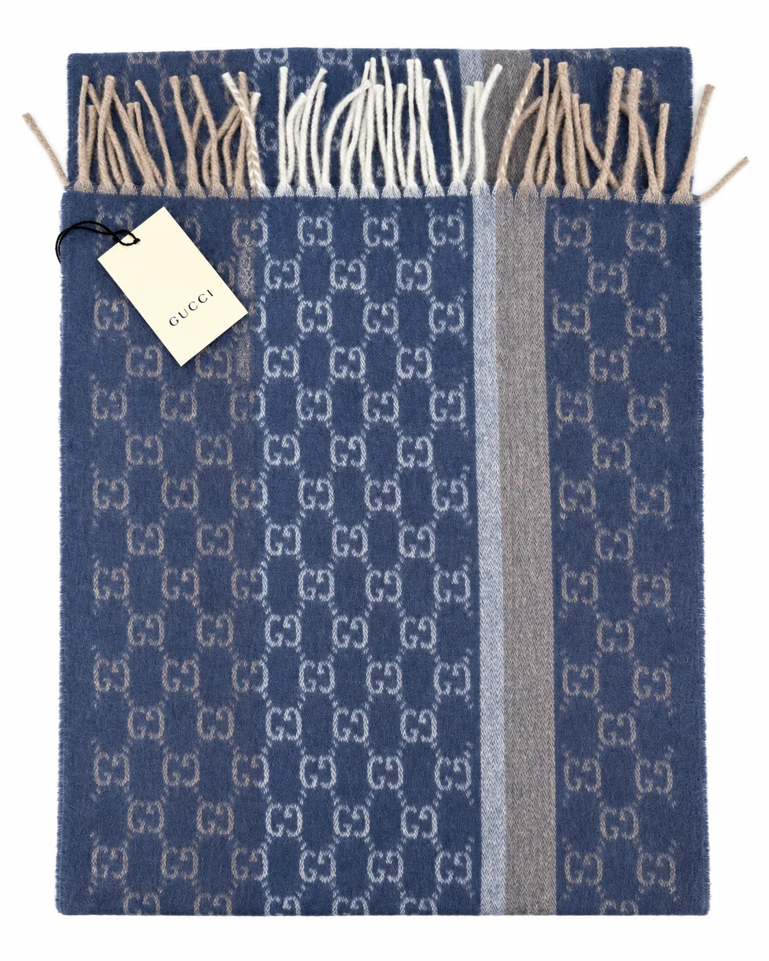 Gucci Monogram Blue Cashmere & Wool Scarf with Beige & Cream Fringe