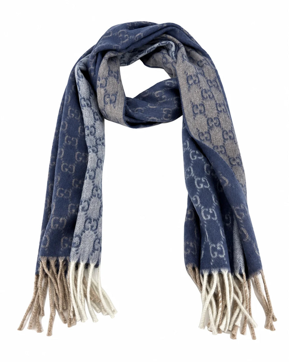 Gucci Monogram Blue Cashmere & Wool Scarf with Beige & Cream Fringe