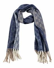Gucci Monogram Blue Cashmere & Wool Scarf with Beige & Cream Fringe
