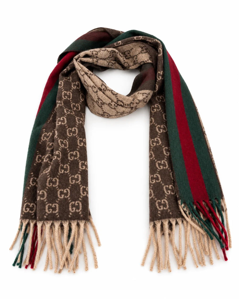 Gucci Monogram Brown Cashmere & Wool Scarf with Green & Red Web Stripe