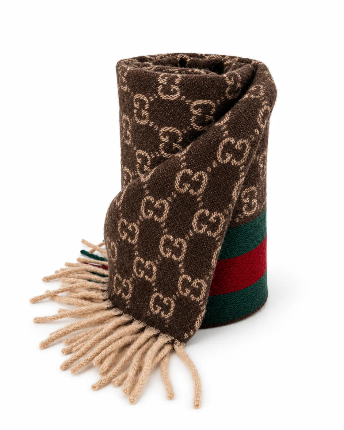 Gucci Monogram Brown Cashmere & Wool Scarf with Green & Red Web Stripe