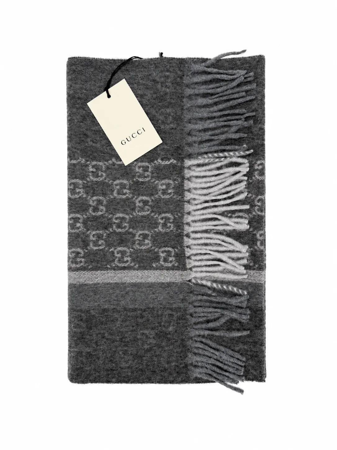 Gucci Monogram Charcoal Grey Cashmere & Wool Scarf with Fringe