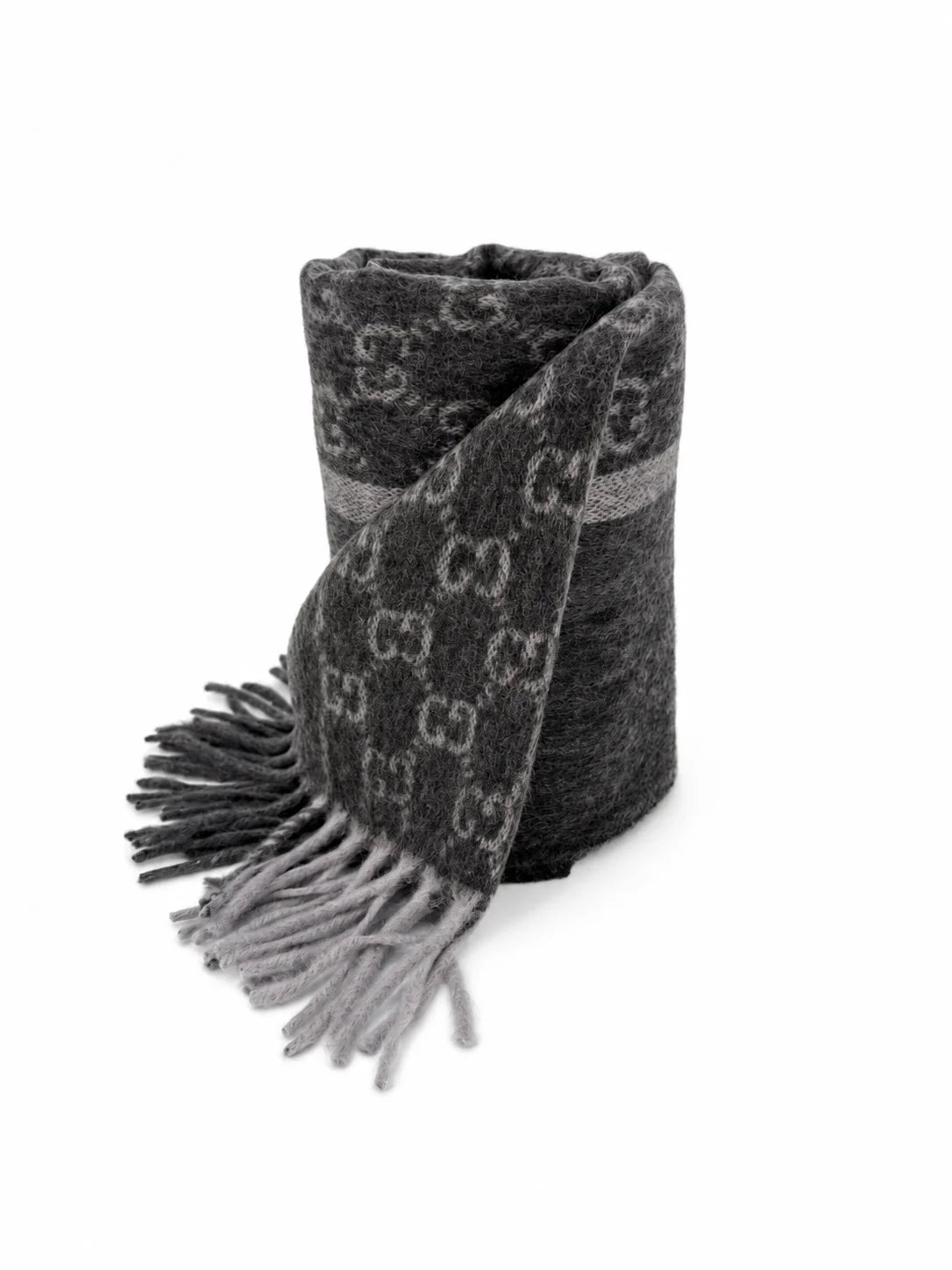Gucci Monogram Charcoal Grey Cashmere & Wool Scarf with Fringe