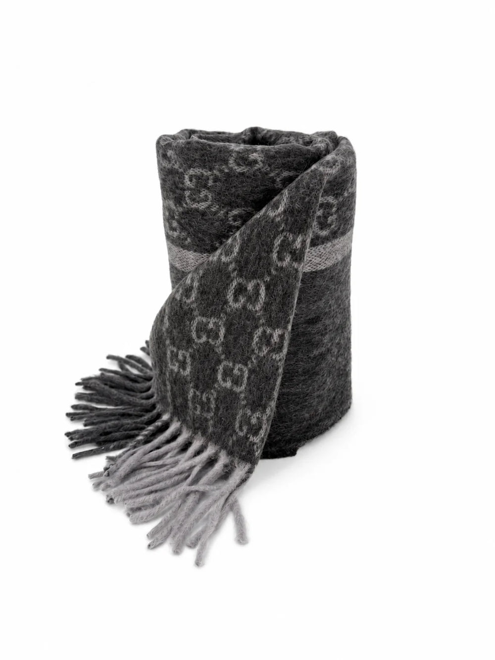 Gucci Monogram Charcoal Grey Cashmere & Wool Scarf with Fringe