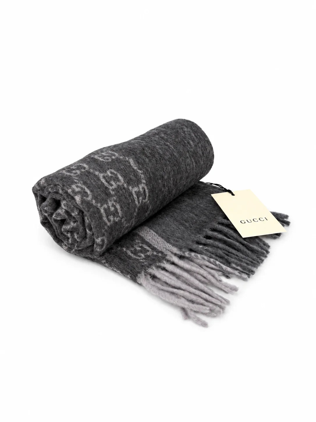 Gucci Monogram Charcoal Grey Cashmere & Wool Scarf with Fringe