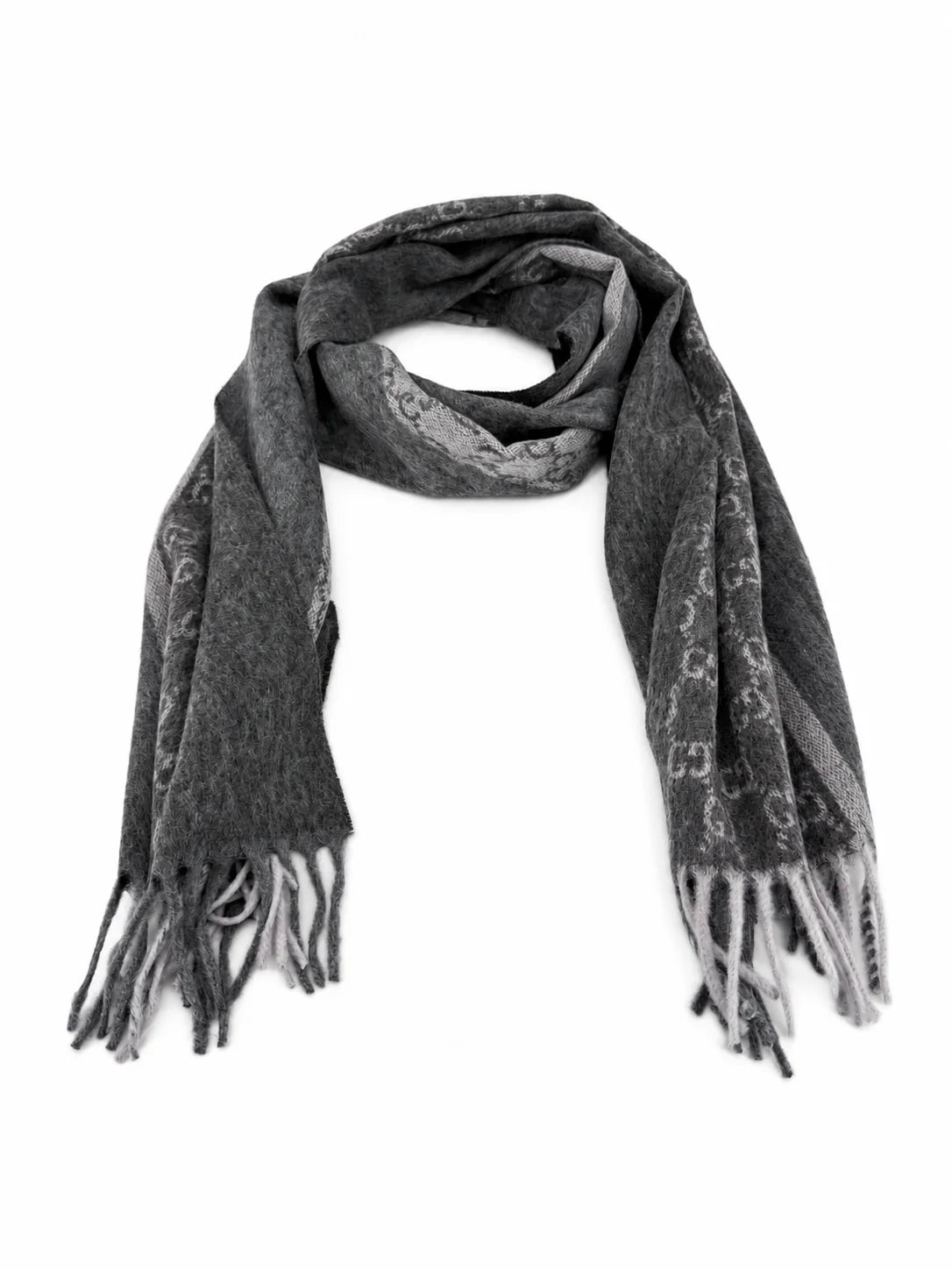 Gucci Monogram Charcoal Grey Cashmere & Wool Scarf with Fringe