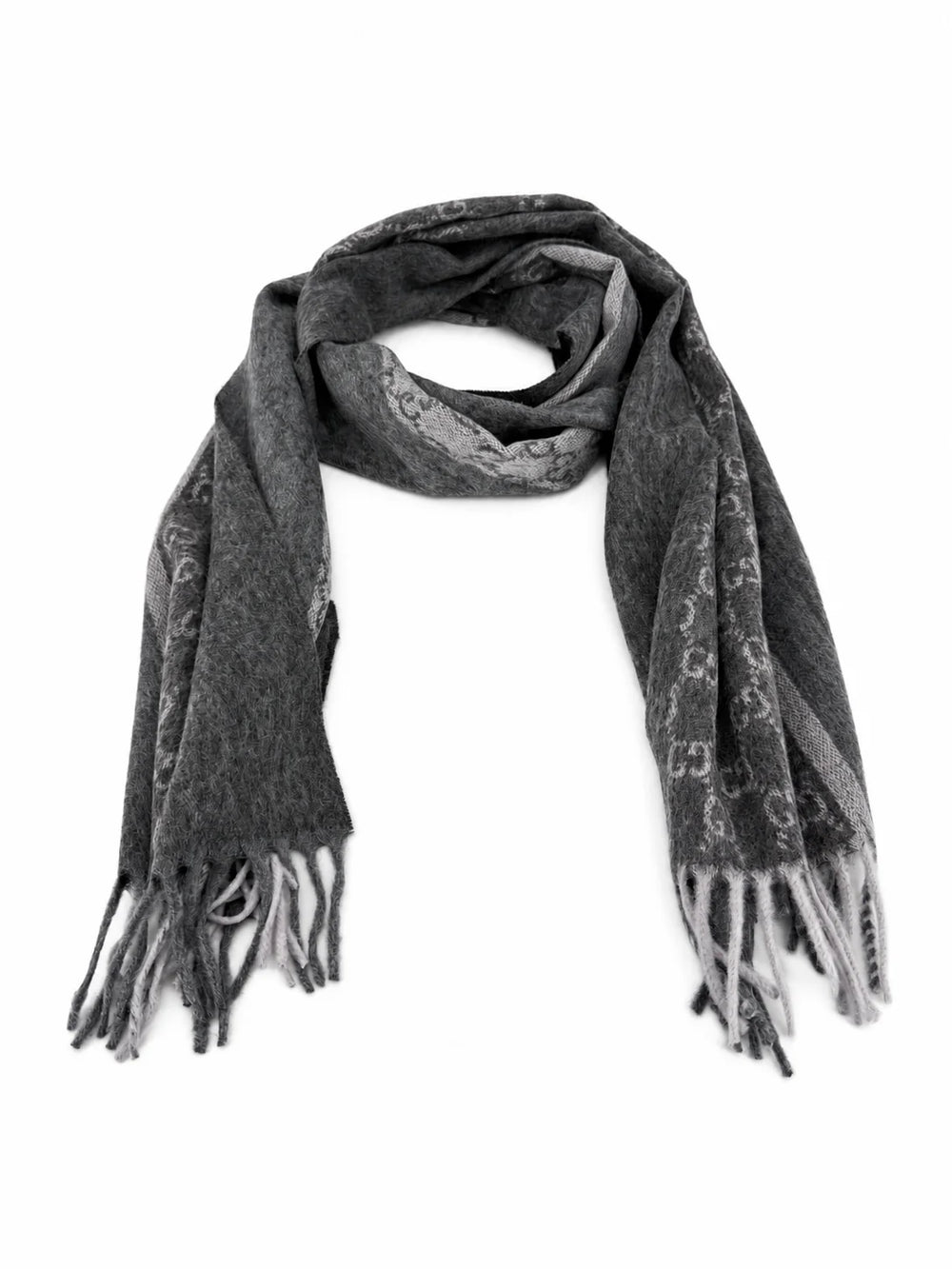 Gucci Monogram Charcoal Grey Cashmere & Wool Scarf with Fringe