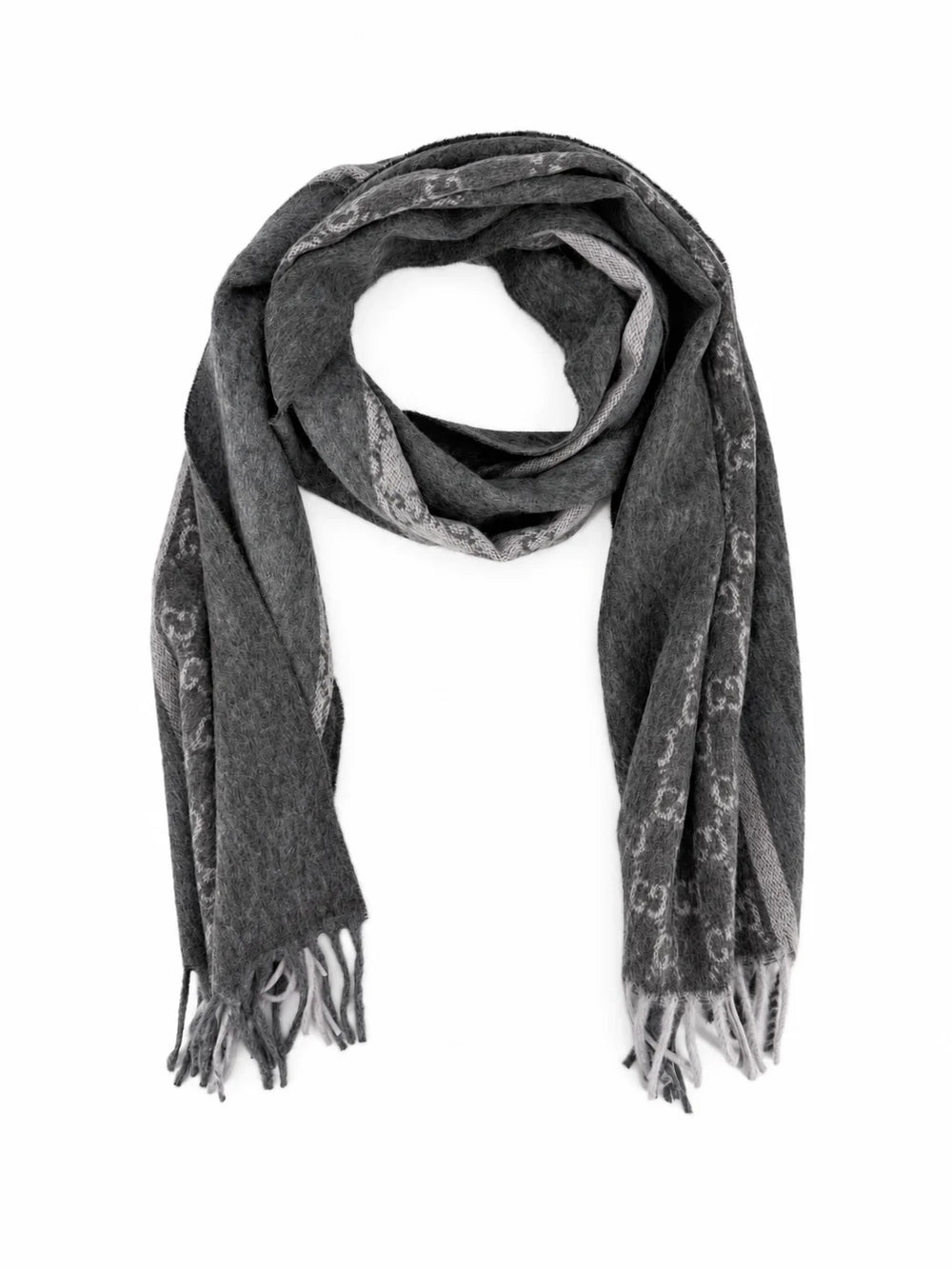 Gucci Monogram Charcoal Grey Cashmere & Wool Scarf with Fringe