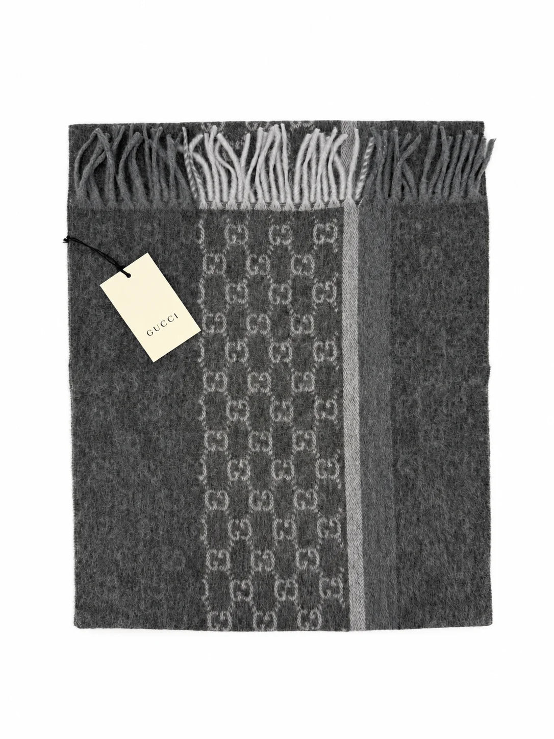 Gucci Monogram Charcoal Grey Cashmere & Wool Scarf with Fringe