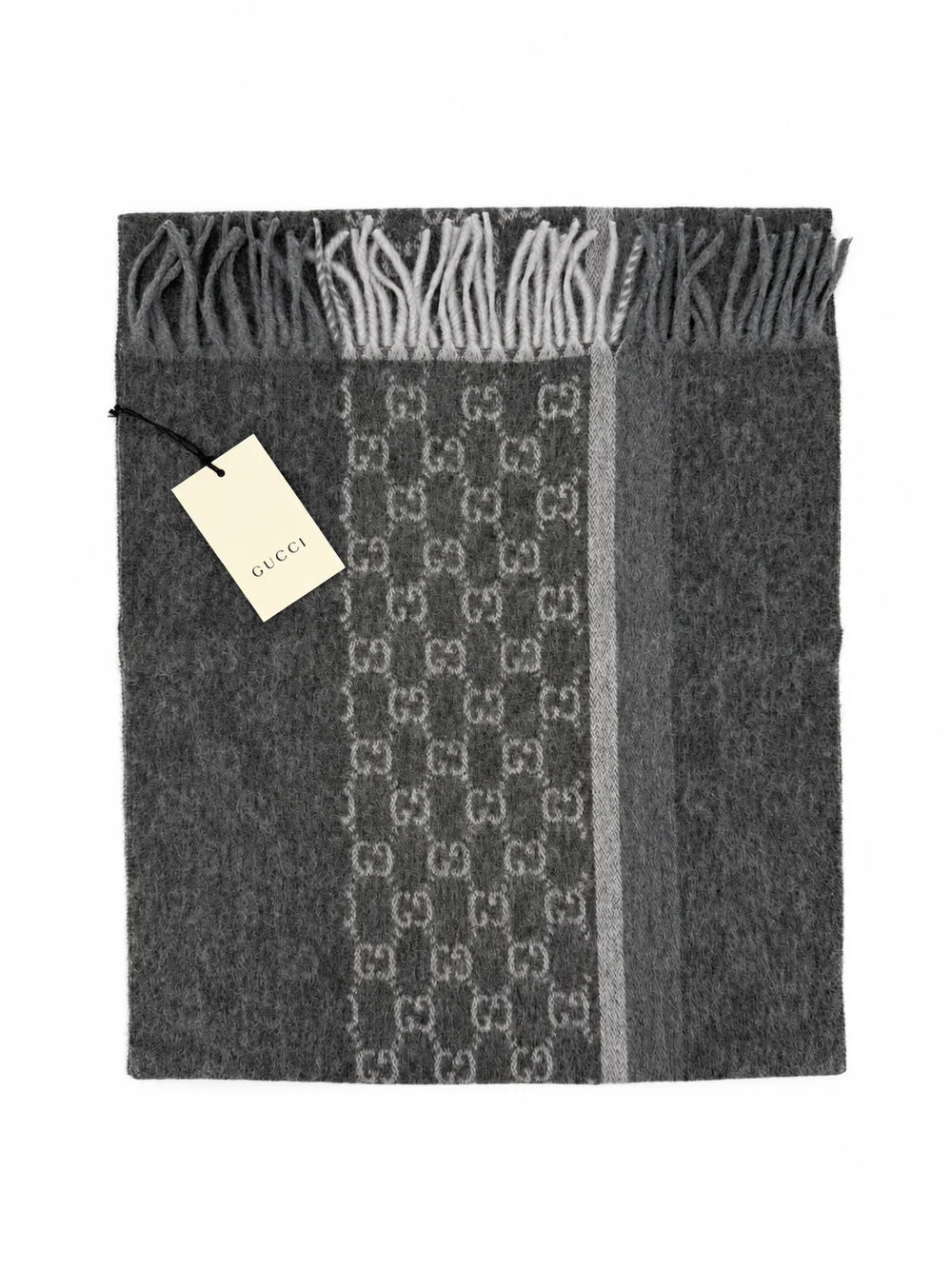 Gucci Monogram Charcoal Grey Cashmere & Wool Scarf with Fringe