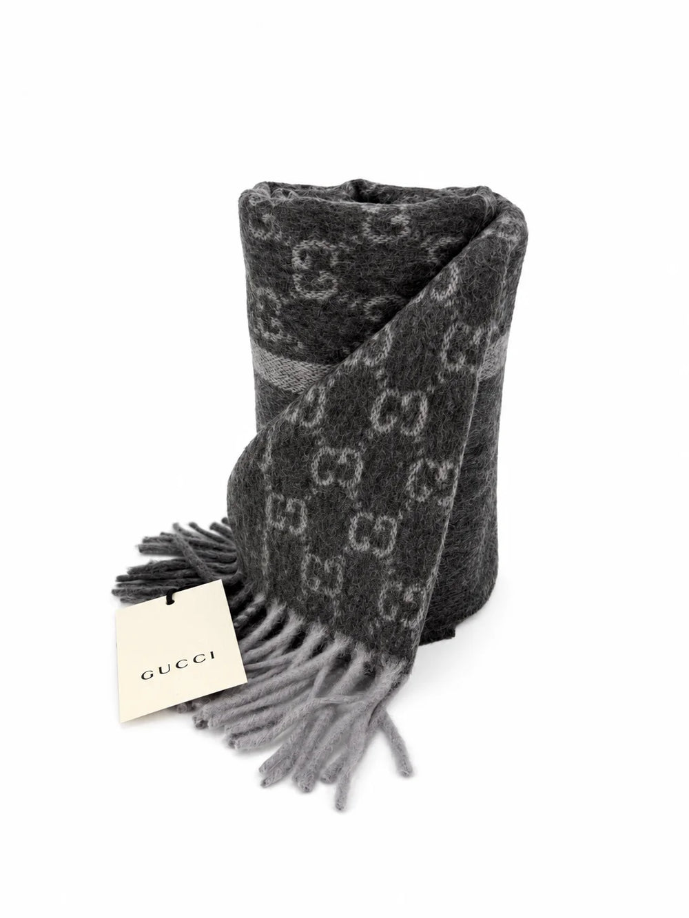 Gucci Monogram Charcoal Grey Cashmere & Wool Scarf with Fringe