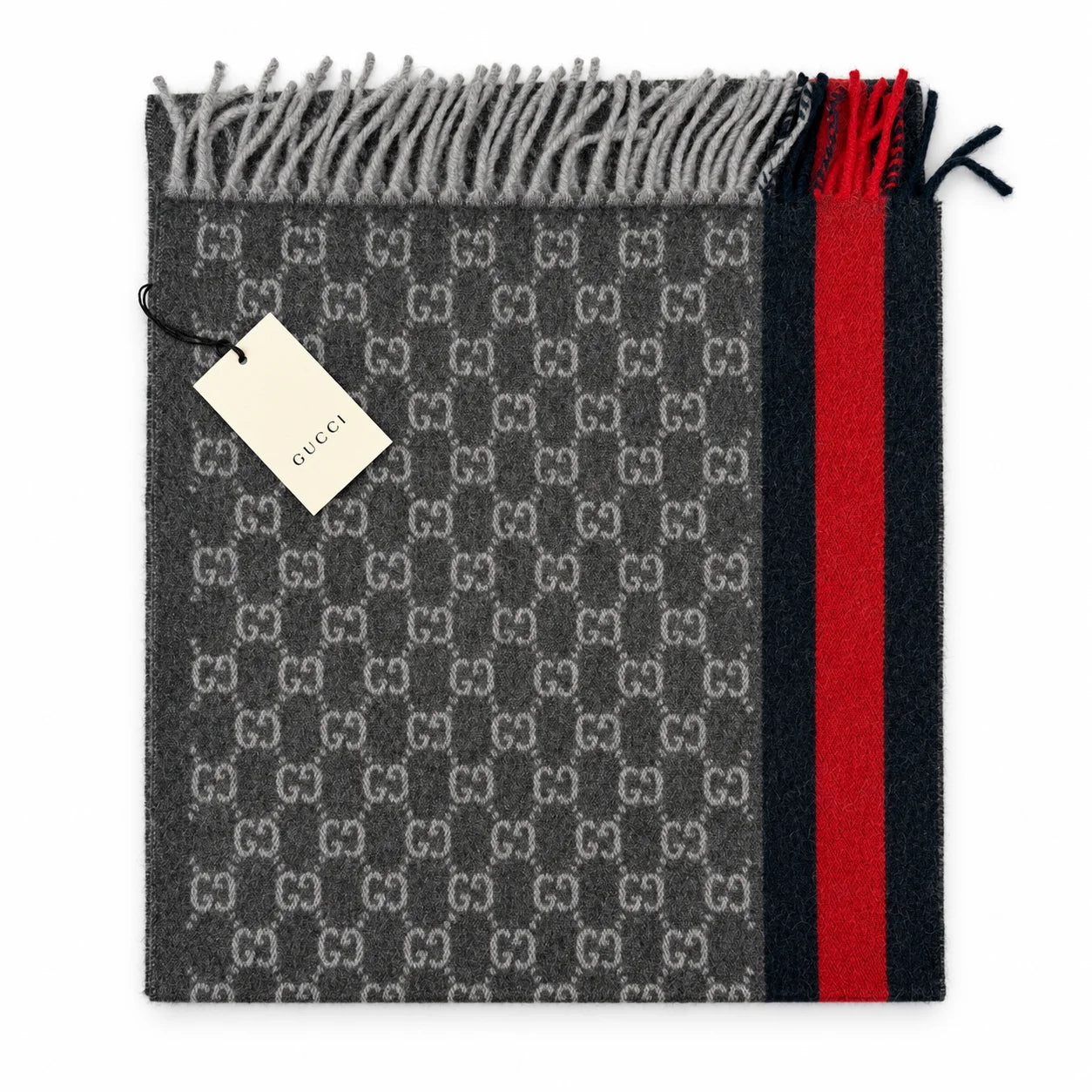Gucci Monogram Charcoal Grey Cashmere & Wool Scarf with Red & Navy Stripe