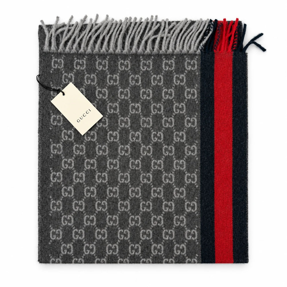 Gucci Monogram Charcoal Grey Cashmere & Wool Scarf with Red & Navy Stripe