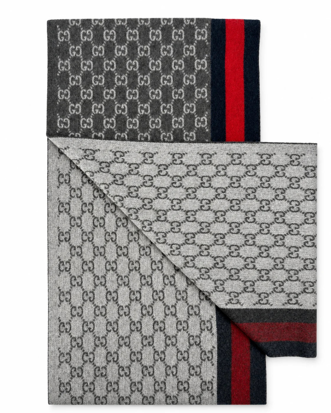 Gucci Monogram Charcoal Grey Cashmere & Wool Scarf with Red & Navy Stripe