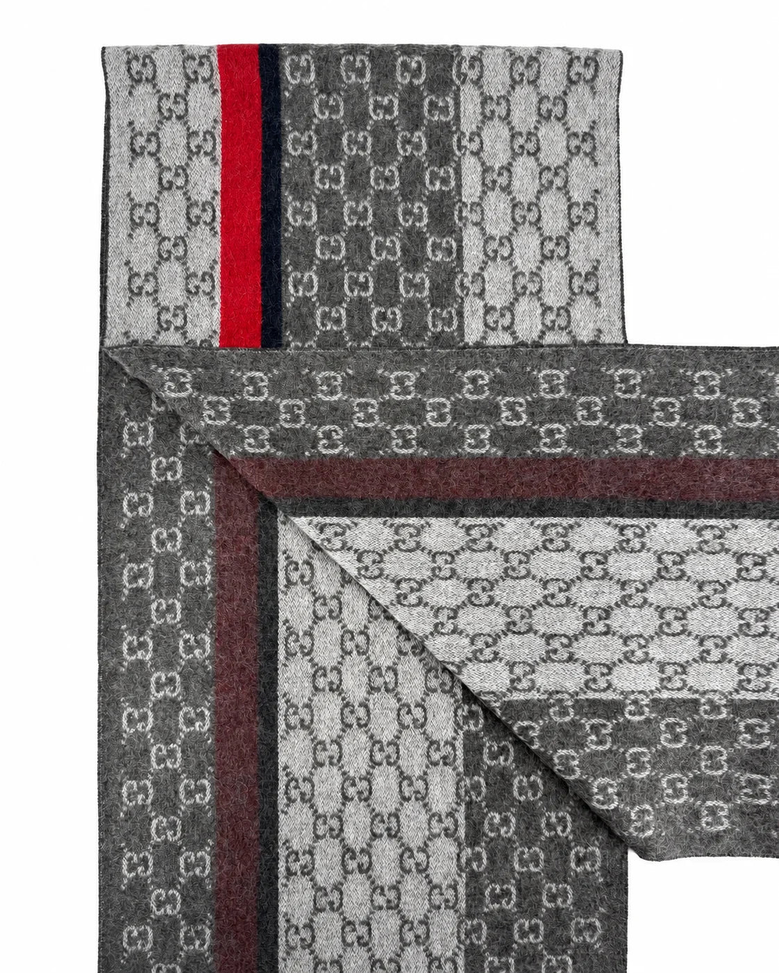 Gucci Monogram Grey Cashmere & Wool Scarf with Red & Black Stripe