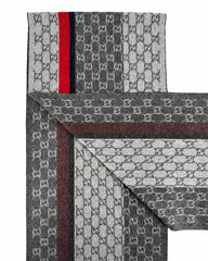Gucci Monogram Grey Cashmere & Wool Scarf with Red & Black Stripe