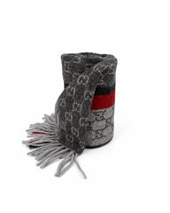 Gucci Monogram Grey Cashmere & Wool Scarf with Red & Black Stripe